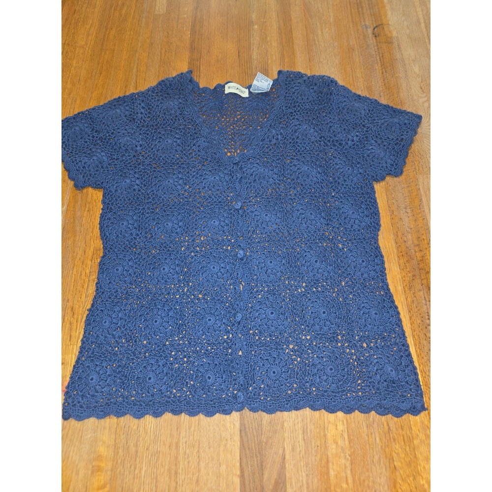 White Stag Women Small Navy Crochet Short Sleeve Button Front BOHO 90s Cardigan